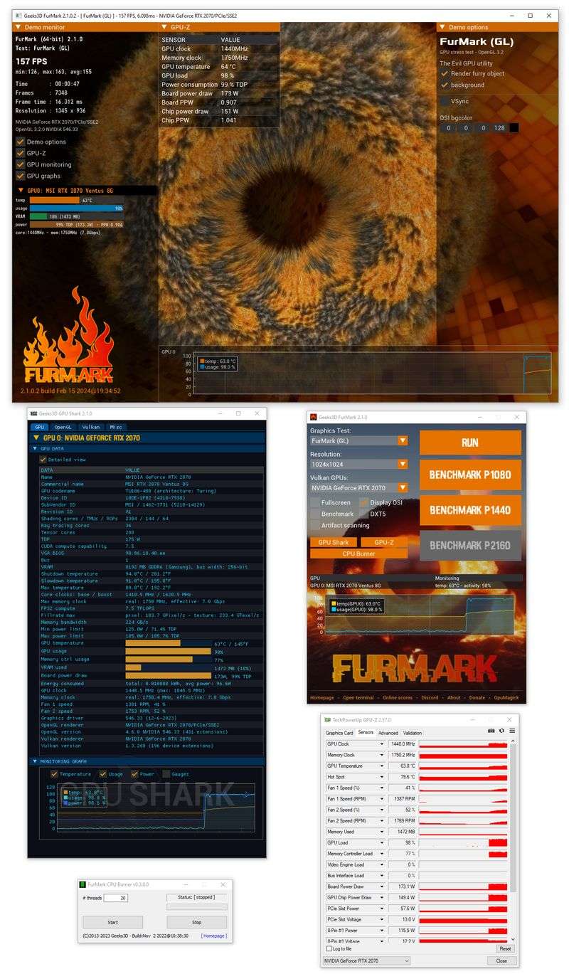 FurMark 2 压力测试与 GPU Shark 2 监控界面